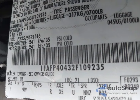 2002 Ford Mustang z USA, uszkodzony, nr VIN 1FAFP40432F109235